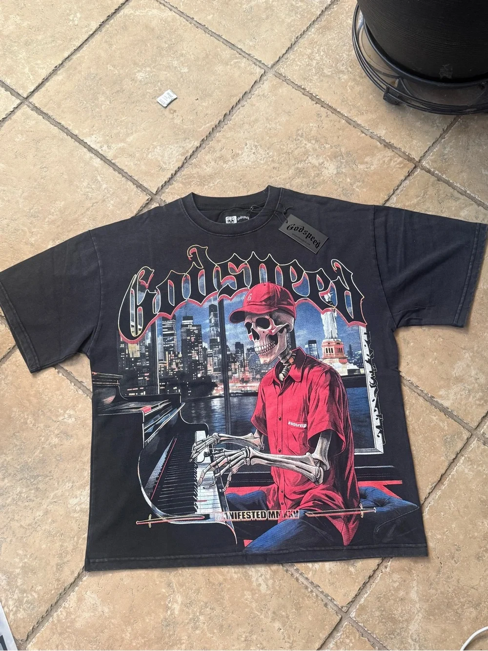 Black Godspeed Skeleton Playing Piano T-Shirt